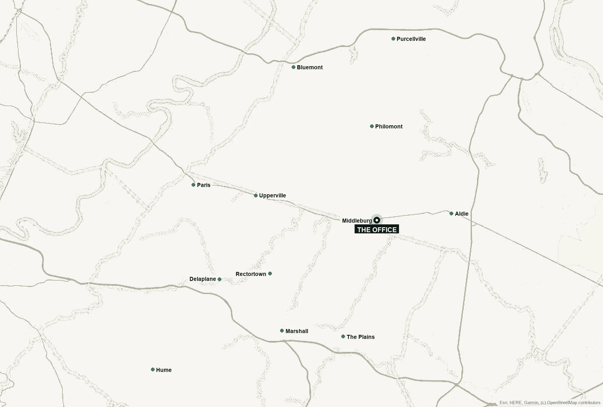 Map of the forty square miles worked, the office marked in Middleburg with Upperville, Paris, Bluemont, Purcellville, Philomont, Aldie, Rectortown, Delaplane, Marshall, The Plains and Hume around it