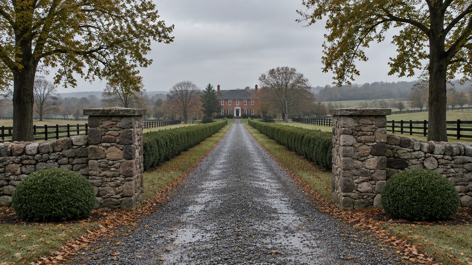 Open fieldstone gate piers onto a wet gravel approach between clipped hedges, a distant brick house under October overcast
