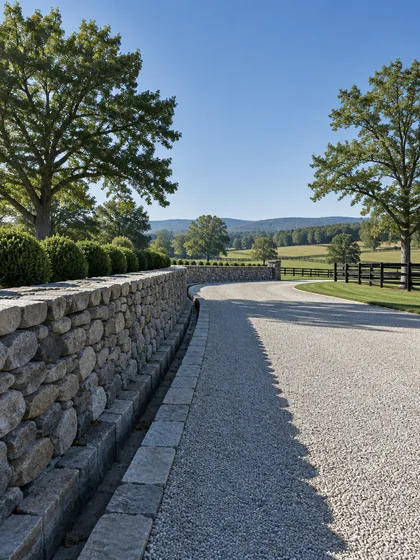 A raked gravel drive edged by a dry-laid fieldstone wall casting a hard September afternoon shadow