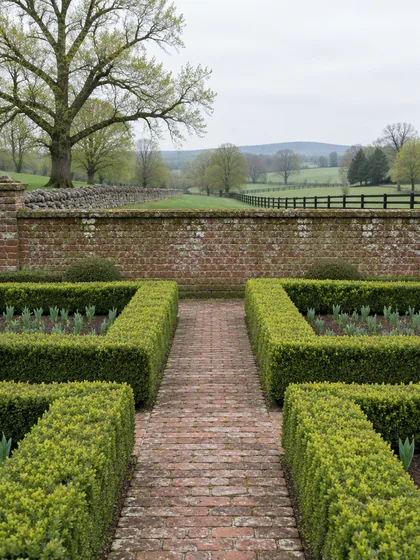 A clipped box parterre in fresh April growth either side of an old brick path below a weathered brick wall