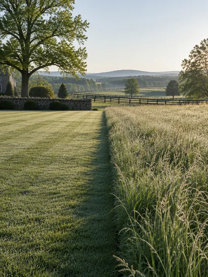 A mown lawn meeting standing meadow grass along a straight cut edge, heavy May dew in low morning light