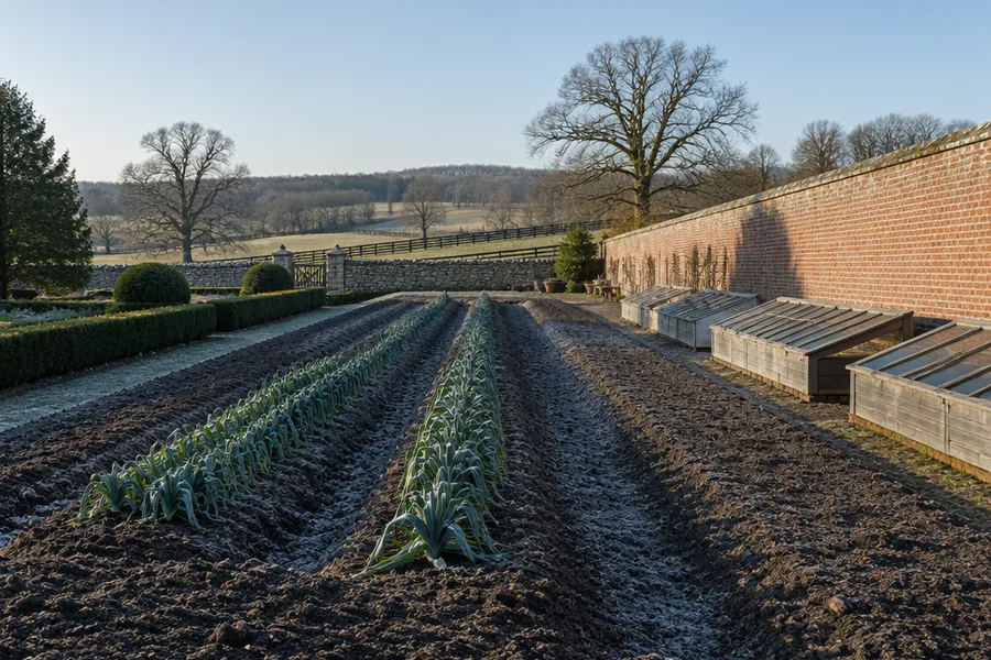 A brick-walled kitchen garden in January, bare cultivated rows with frost still lying in the shaded furrows