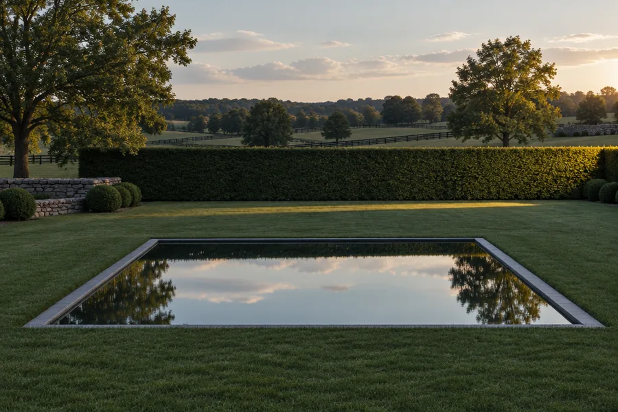 A reflecting pool set flush into mown lawn below a clipped hedge, catching the last low sunlight of an August evening