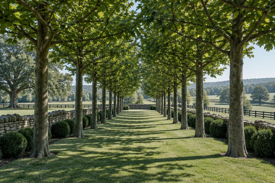 An avenue of pleached lime trees over a mown grass walk, dappled leaf shadow in September afternoon sun